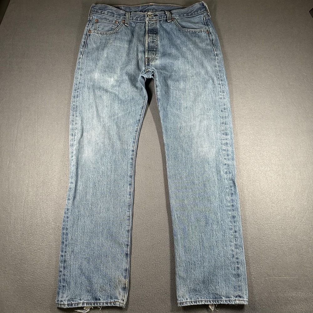 Levis 501 Jeans Mens 34x32 Blue Straight Leg Button Fly Regular Fit Denim Stains